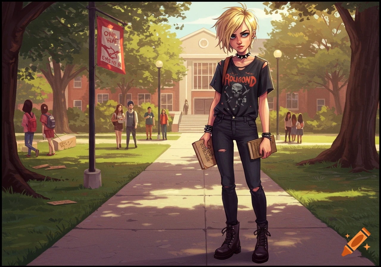 Illustrative portrait of an edgy blonde girl holding books on a college campus sidewalk