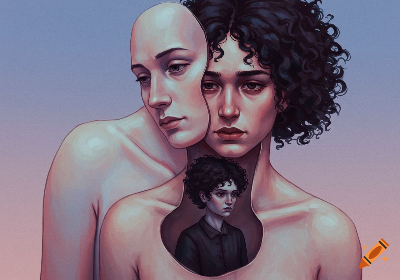A bald figure holds a mask over a person with curly hair, who has a smaller person inside their chest. Stylized illustration.