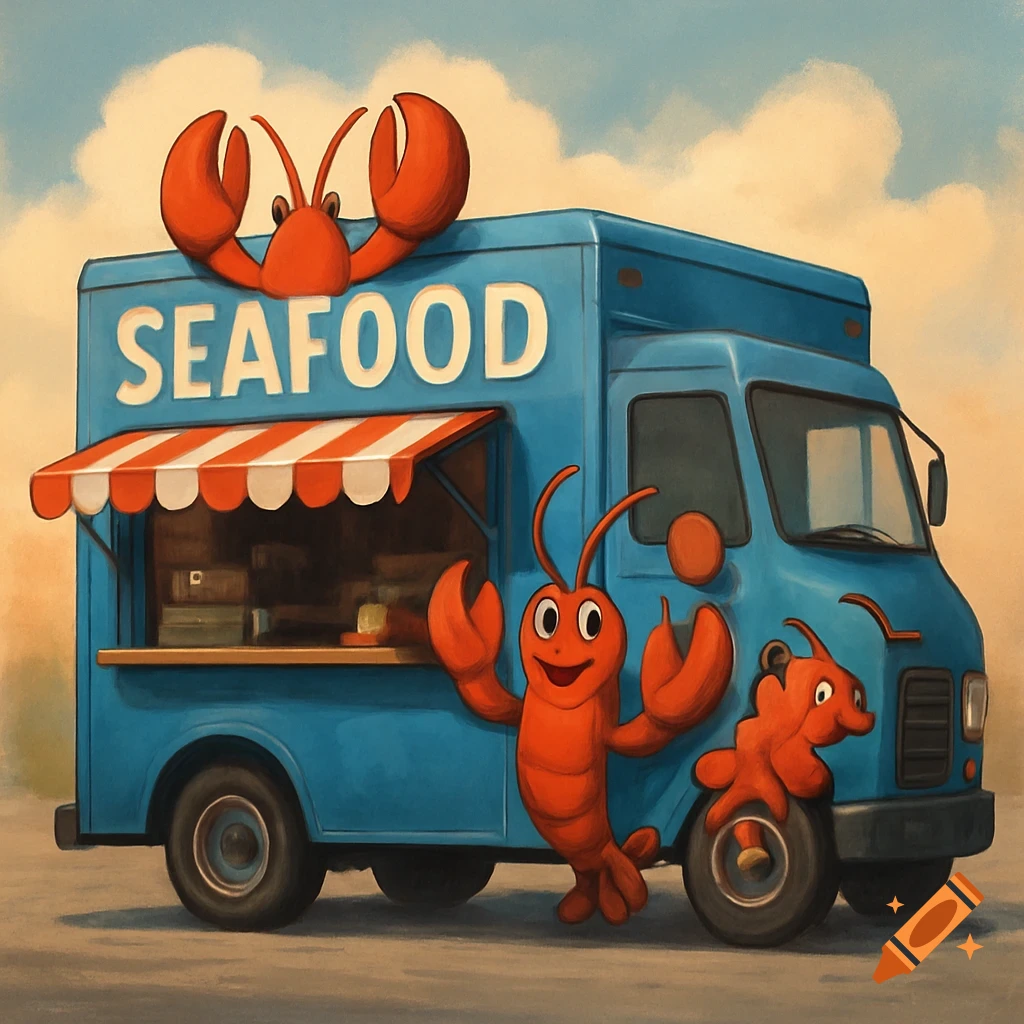 Blue seafood food truck with cartoon lobsters as logos and mascots, in a cheerful cartoon style.