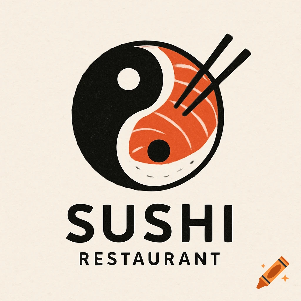 Sushi restaurant logo with yin yang symbol made of black and salmon sushi, with chopsticks and text.