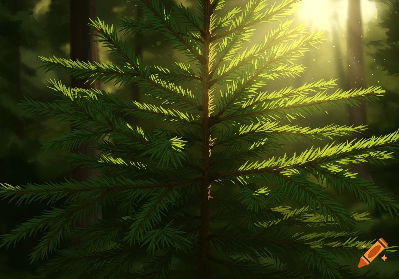 Evergreen tree branches backlit by sunlight filtering through a forest.