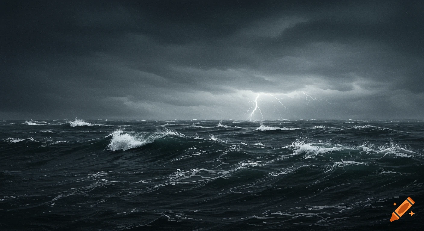 A dark stormy ocean with large waves and lightning striking. on Craiyon