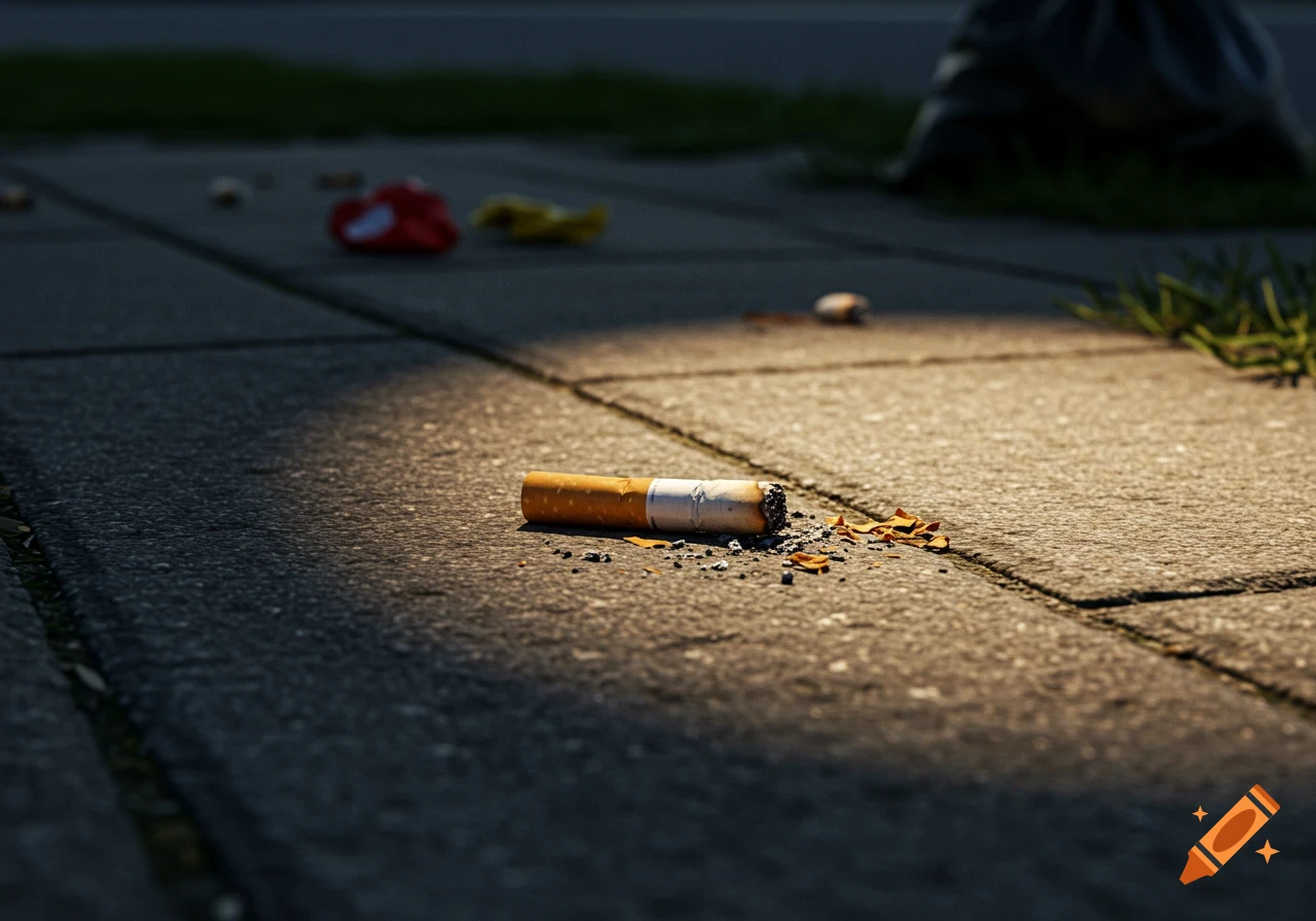 A discarded cigarette butt lies on a concrete sidewalk in the evening light.