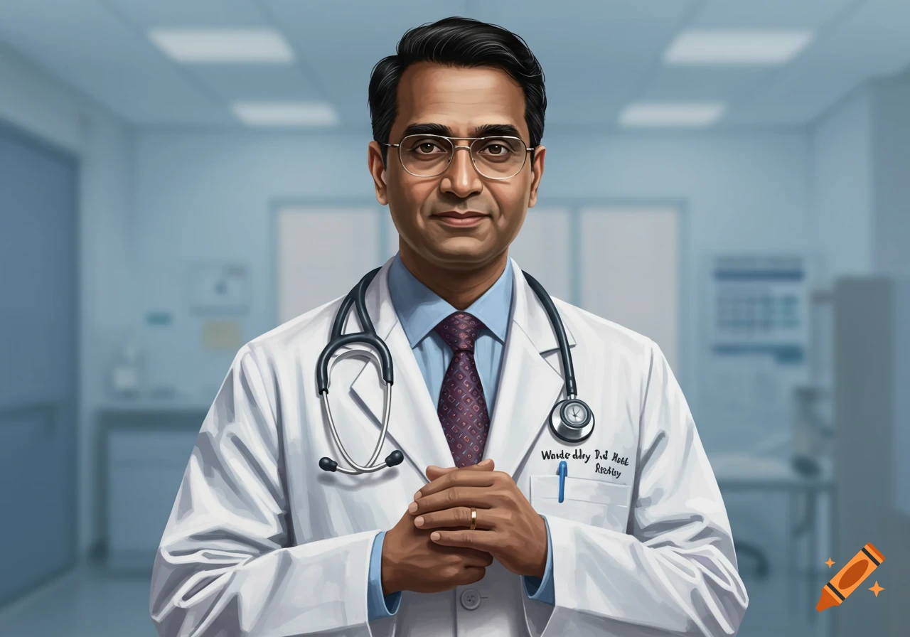 Portrait of a doctor in a lab coat and stethoscope, illustration style.