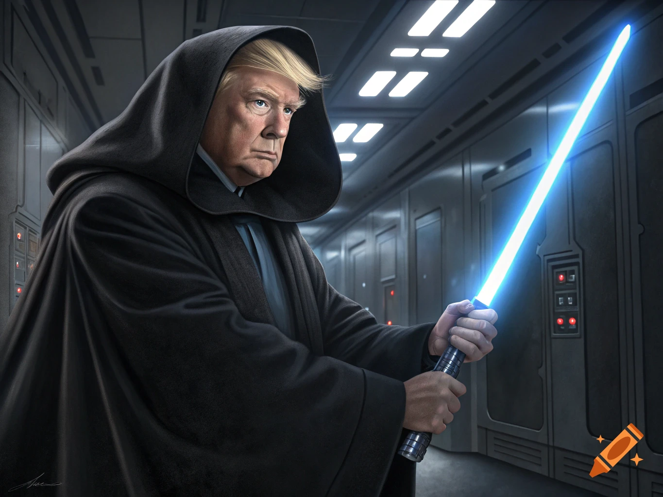 Political figure dressed as Jedi holding a blue lightsaber in sci-fi corridor