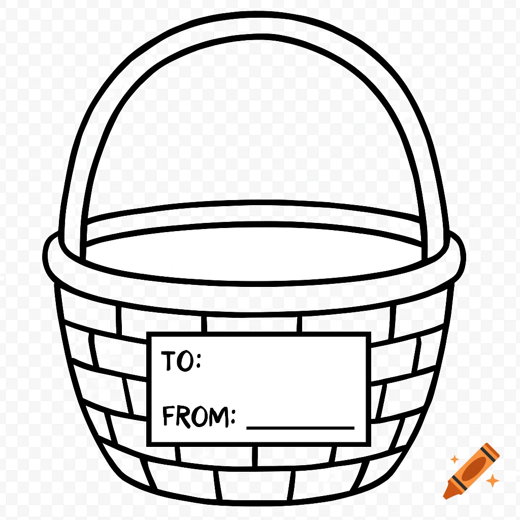 Black outline drawing of a basket with a TO: and FROM: label.