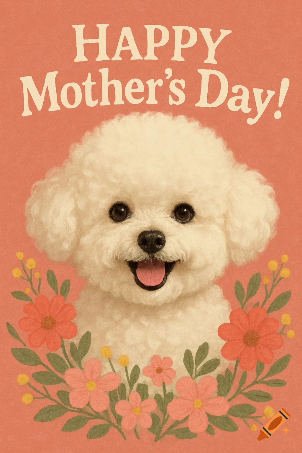 Illustration of a fluffy white dog with flowers around its neck and 'Happy Mother's Day!' text.