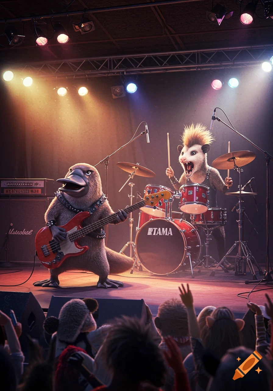 Anthropomorphic platypus playing bass and possum playing drums on a brightly lit stage.