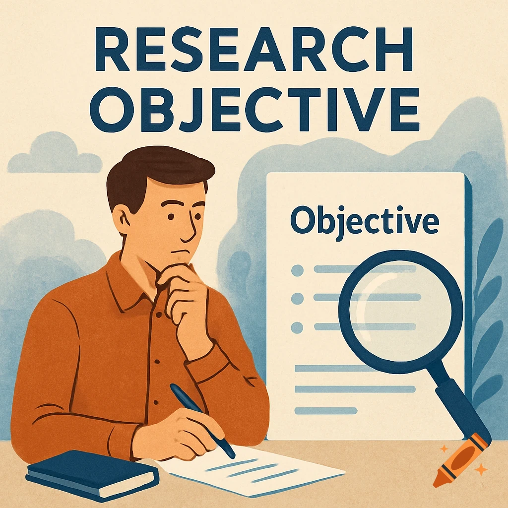 Illustration of a man writing and thinking about a research objective, with a document and magnifying glass.