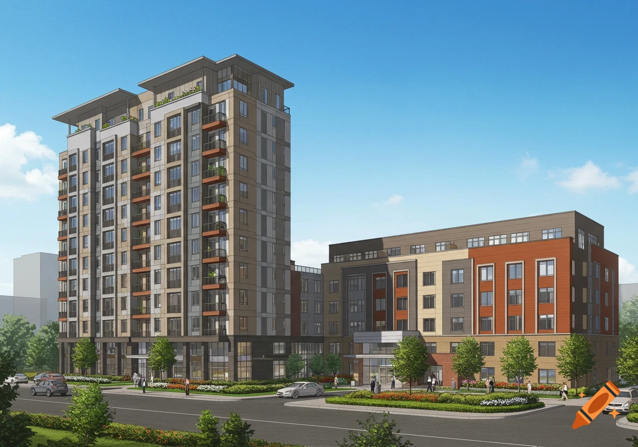 Architectural illustration of a tall apartment complex next to a shorter building on a sunny day with cars and people on the street.
