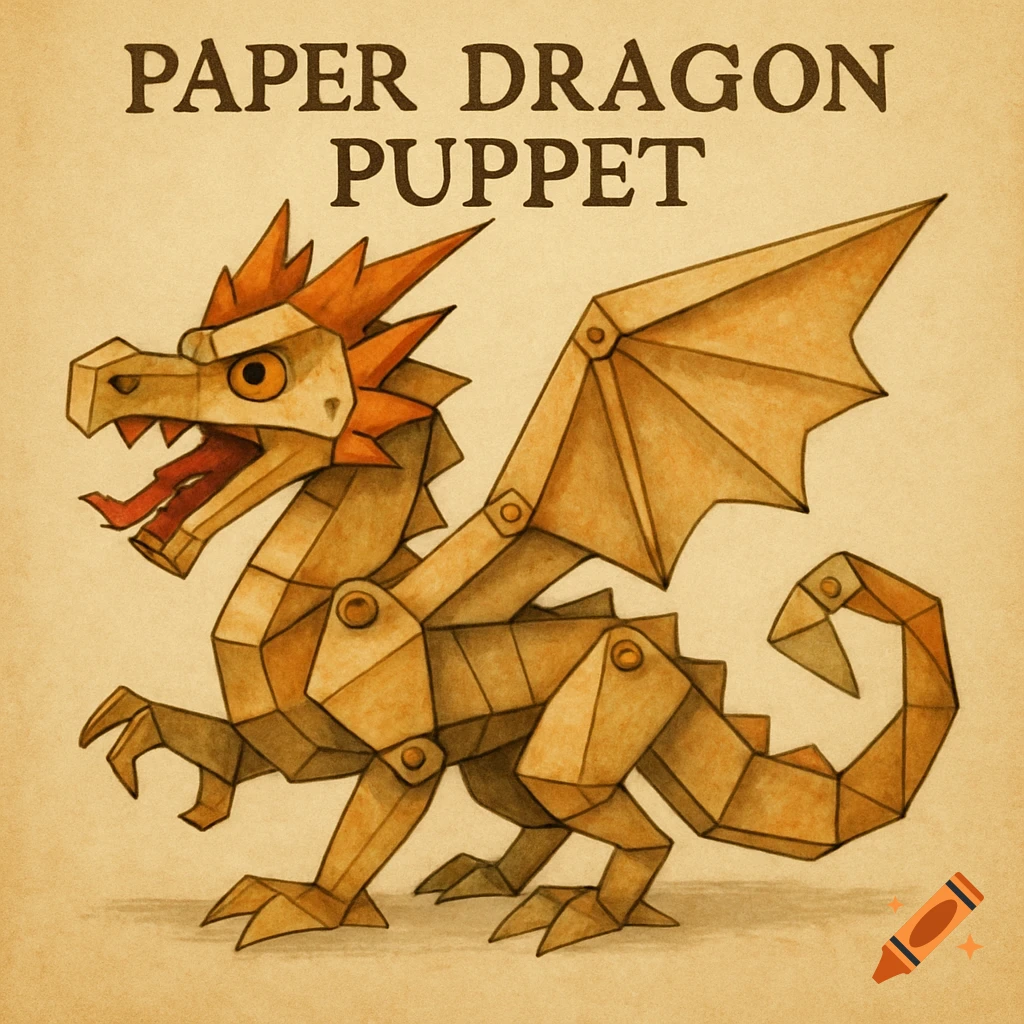 An illustration of a paper dragon puppet design on a textured background.