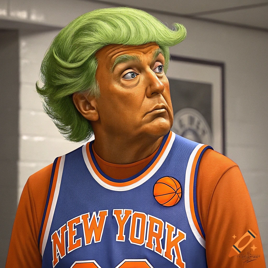 Donald Trump depicted as an Oompa Loompa wearing a New York Knicks jersey.