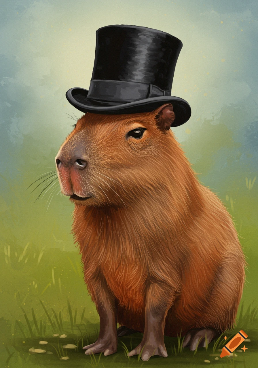 An illustration of a capybara wearing a black top hat, sitting in grass.