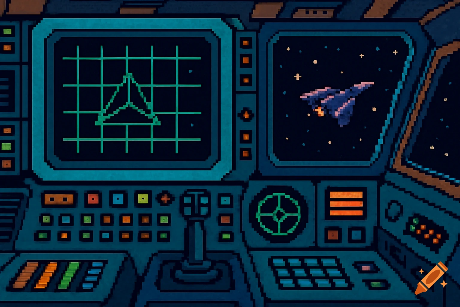 Pixelated view from inside an 80s style spaceship cockpit showing screens and a window with a ship in space.