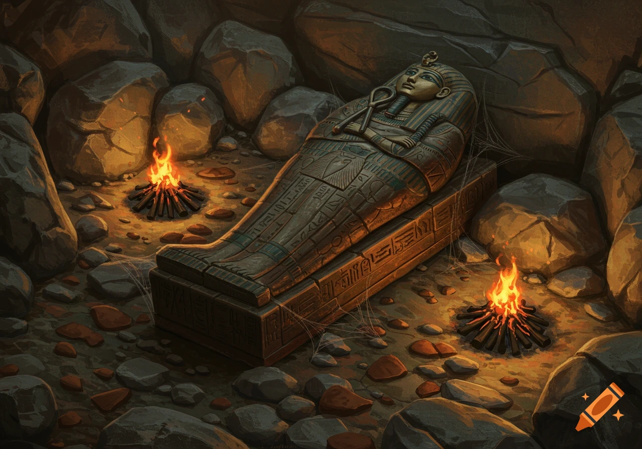 An Egyptian sarcophagus lit by two fires in a rocky cave.