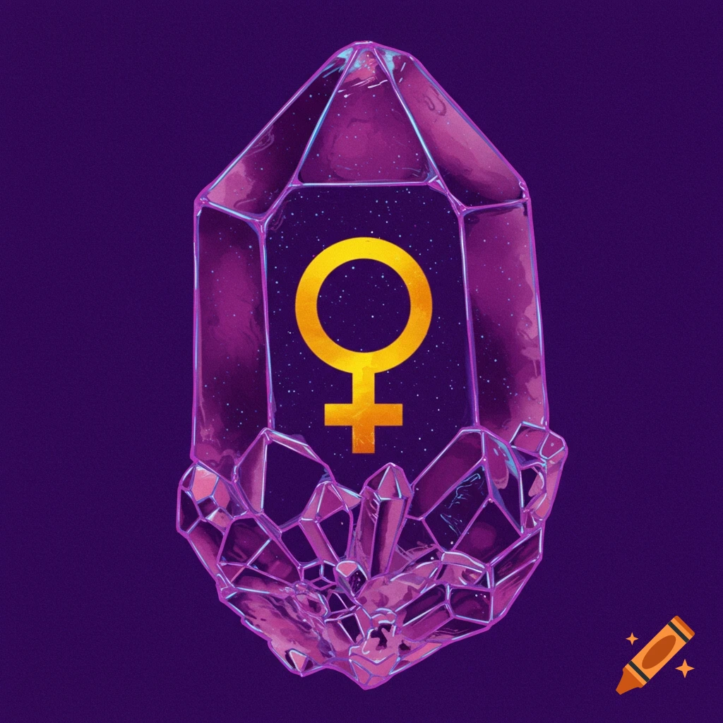 Purple crystal with a golden female symbol inside