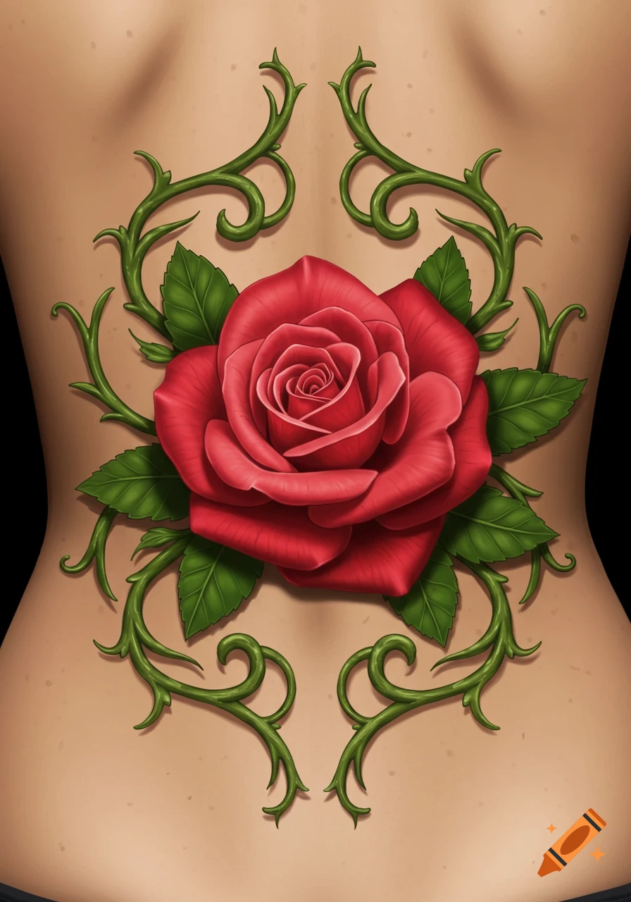 Lower back tattoo of a red rose and green vines.