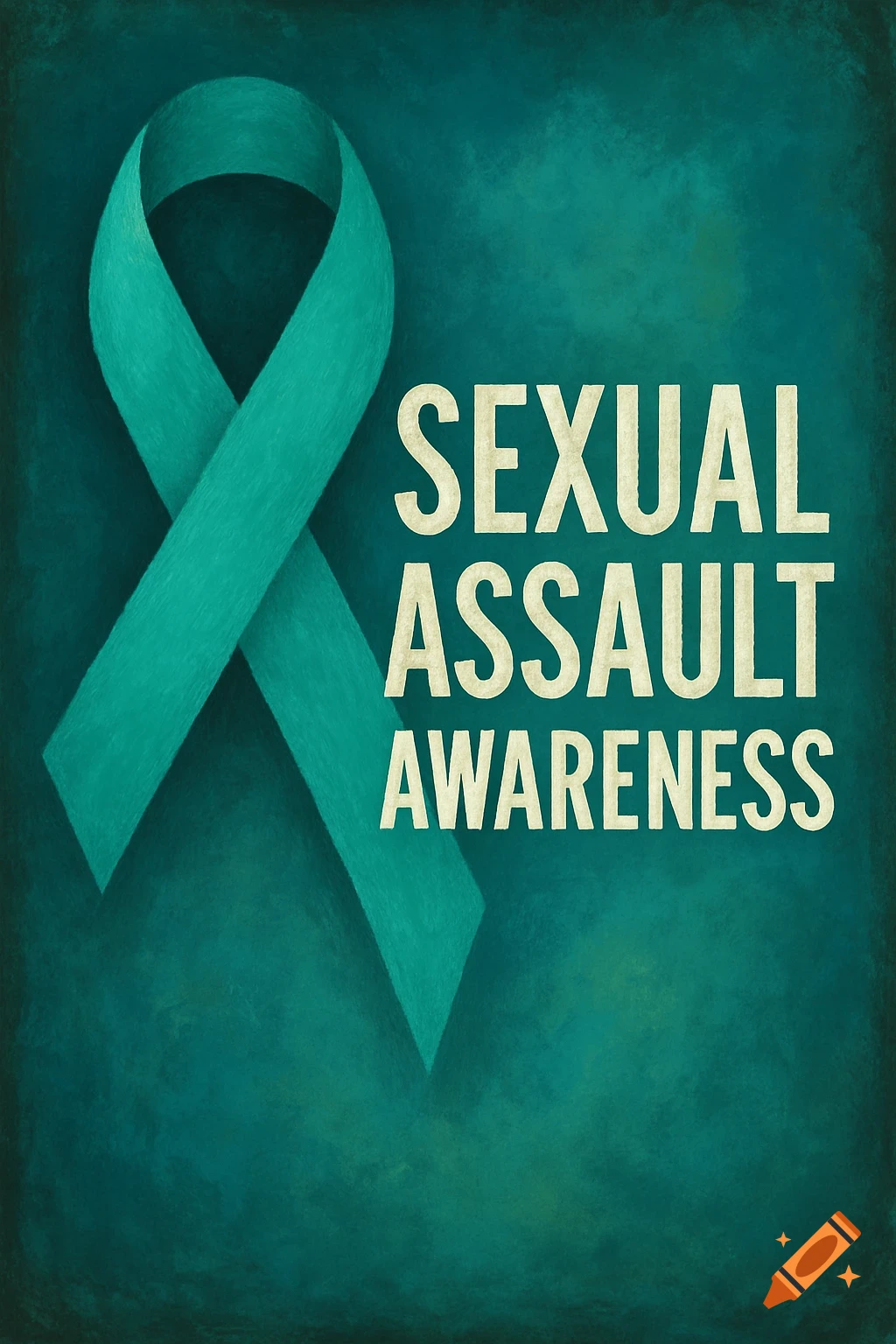 Teal ribbon on a textured background with text "Sexual Assault Awareness".