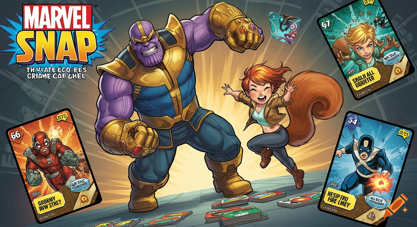 Cartoon image of Thanos and Squirrel Girl playing a card game with Marvel character cards.