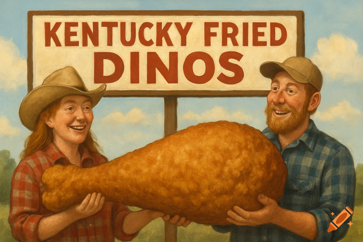 Two country people in flannel hold a gigantic fried dino leg under a sign that reads "Kentucky Fried Dinos". Painterly style.