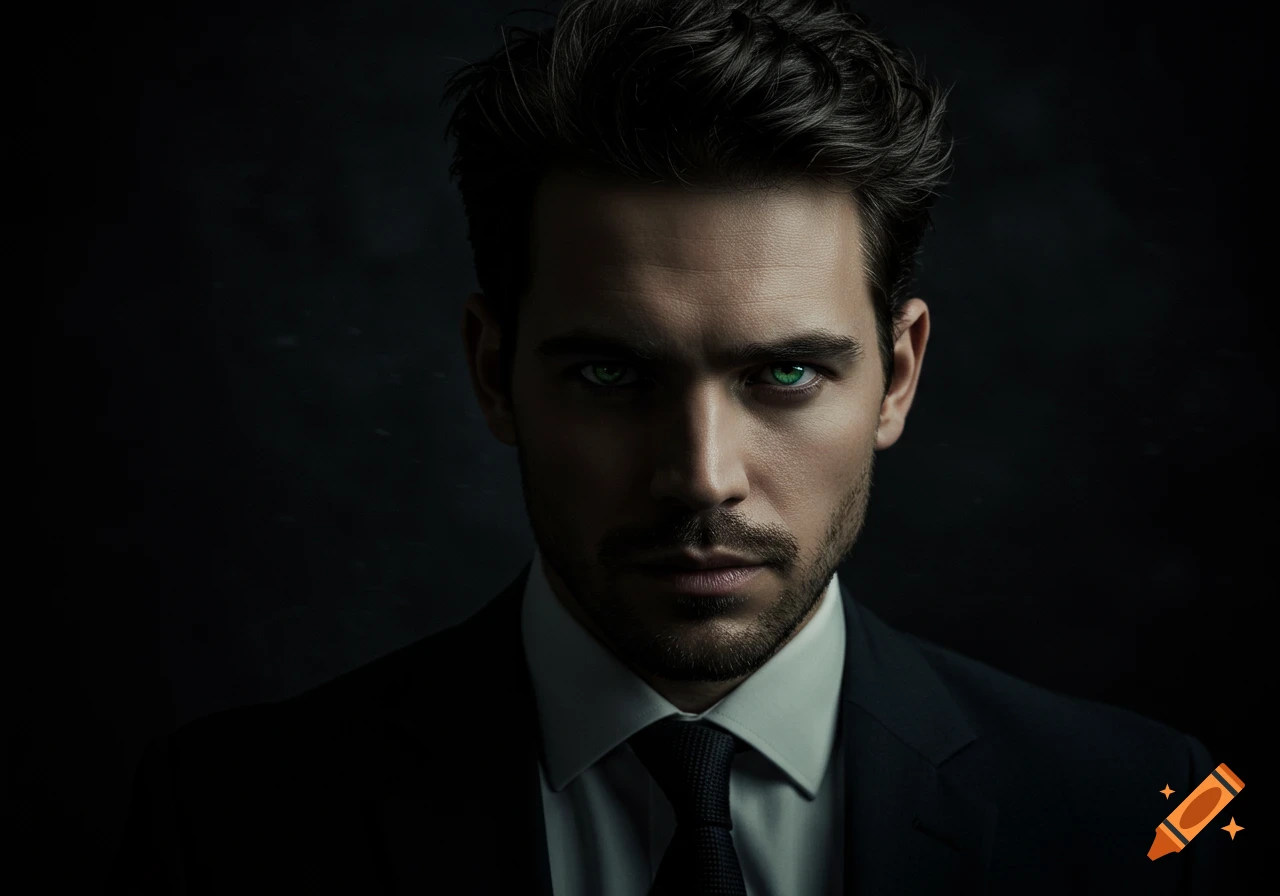 Close-up portrait of a man in a suit with glowing green eyes. on Craiyon