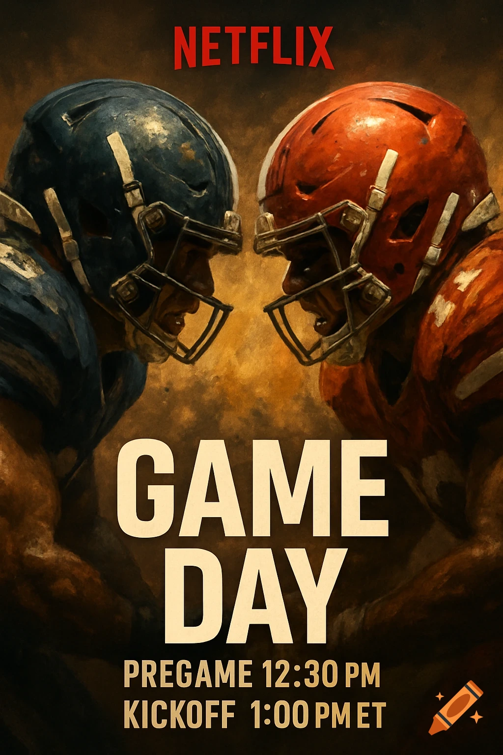 Cinematic style image of two football players in helmets facing each other, with text 'NETFLIX GAME DAY PREGAME 12:30 PM KICKOFF 1:00 PM ET'
