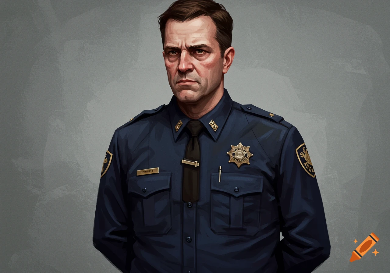 Portrait of a man in a dark blue law enforcement uniform.