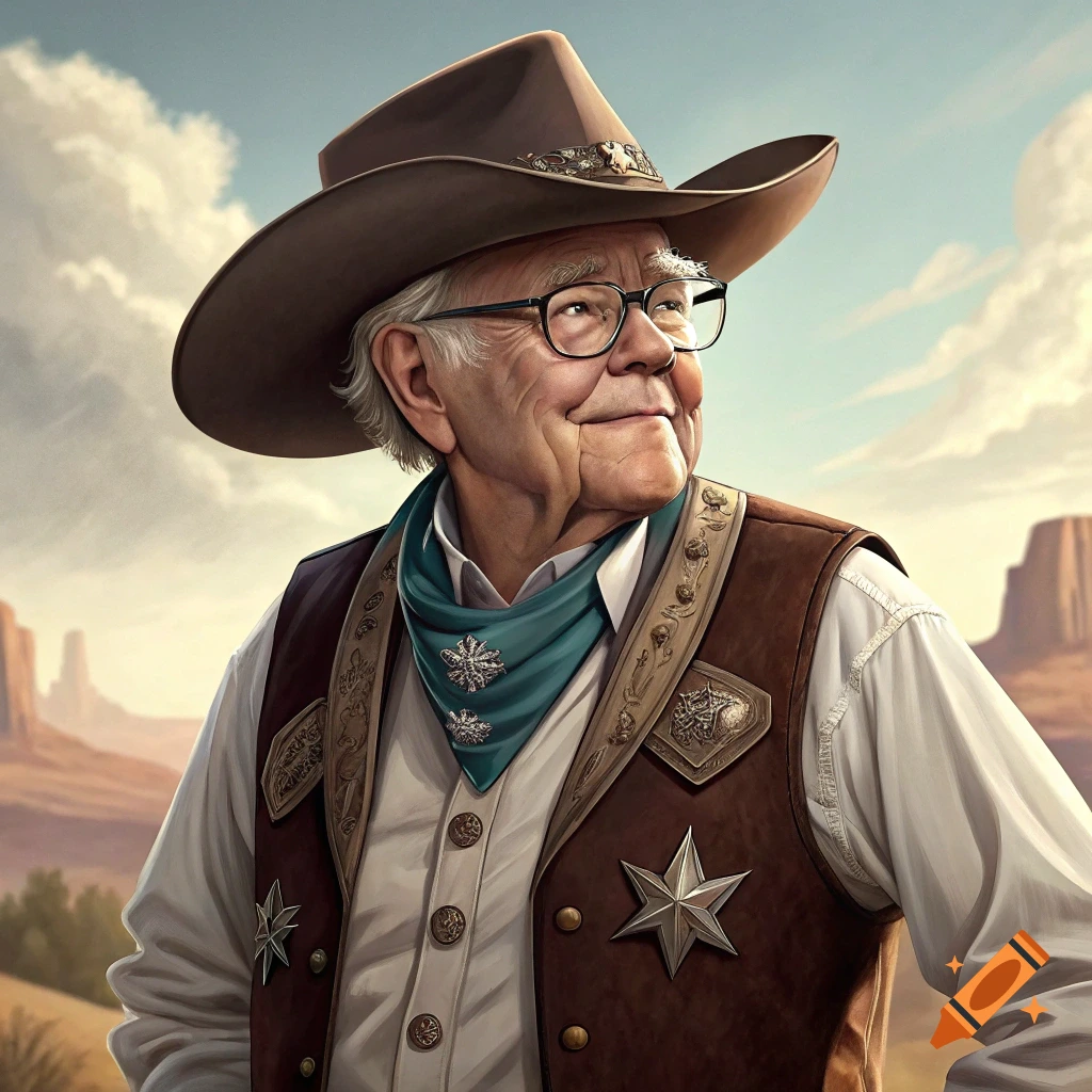 A man resembling Warren Buffett in a cowboy hat and vest standing in a western landscape.