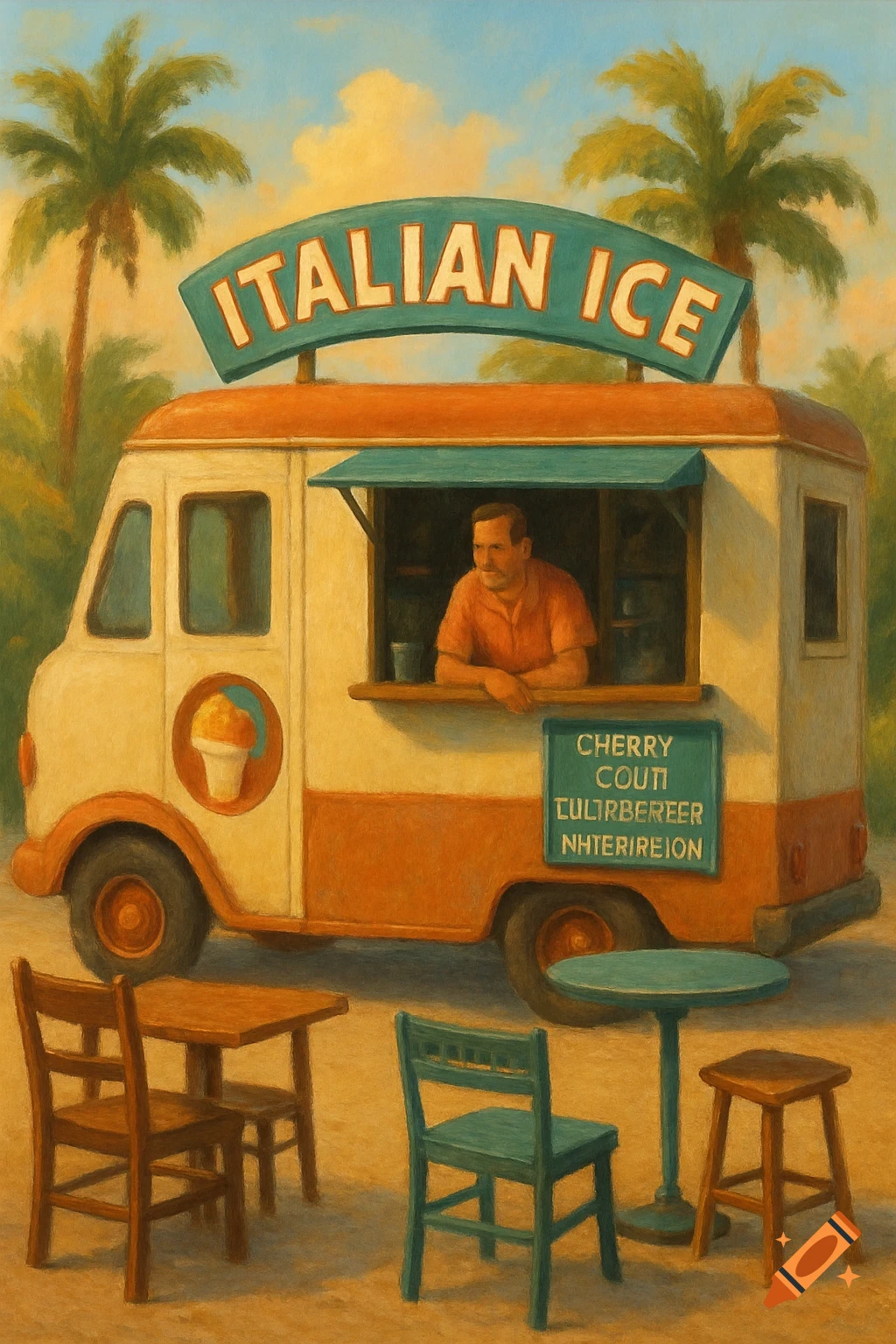 Painterly image of an Italian ice food truck with palm trees, tables, and chairs. A man is visible through the window.