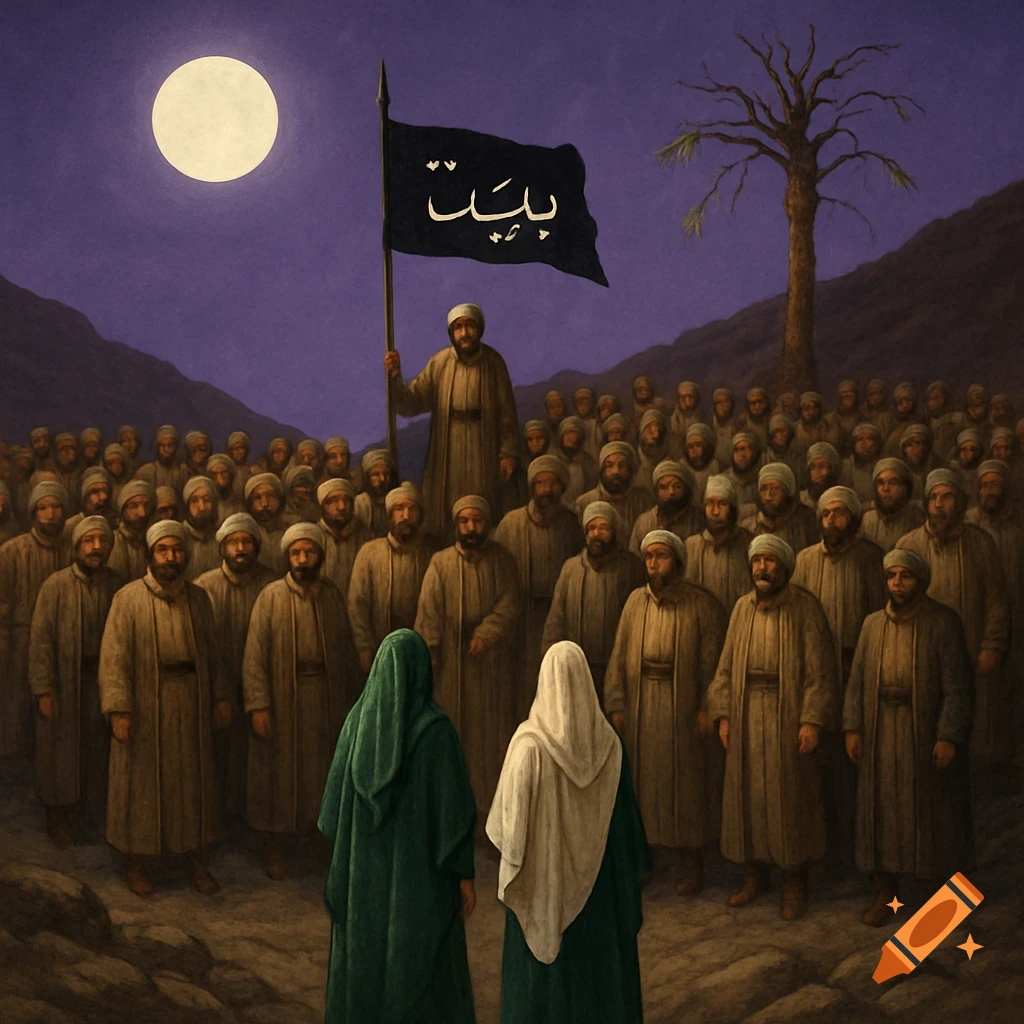 Painting of a large group of people in historical robes under a full moon. A man holds a flag with Arabic text.