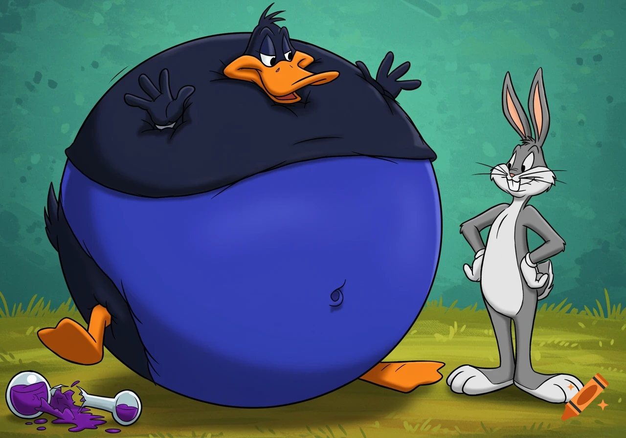 Giant inflated Daffy Duck next to smug Bugs Bunny, broken potion spills nearby.
