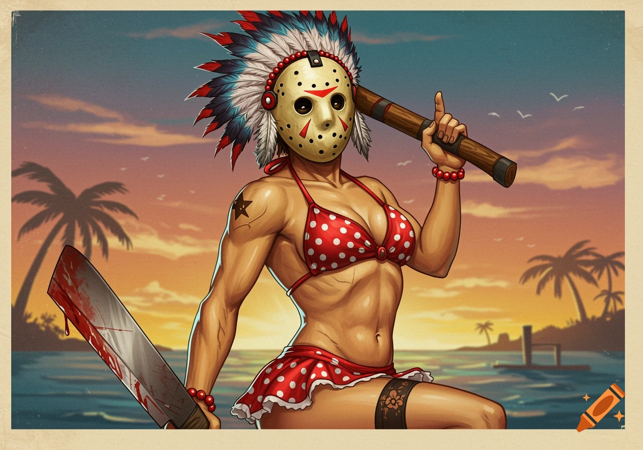 Illustration of a muscular woman in a bikini and Jason mask with a feathered headdress holding a bloody machete on a tropical beach at sunset.