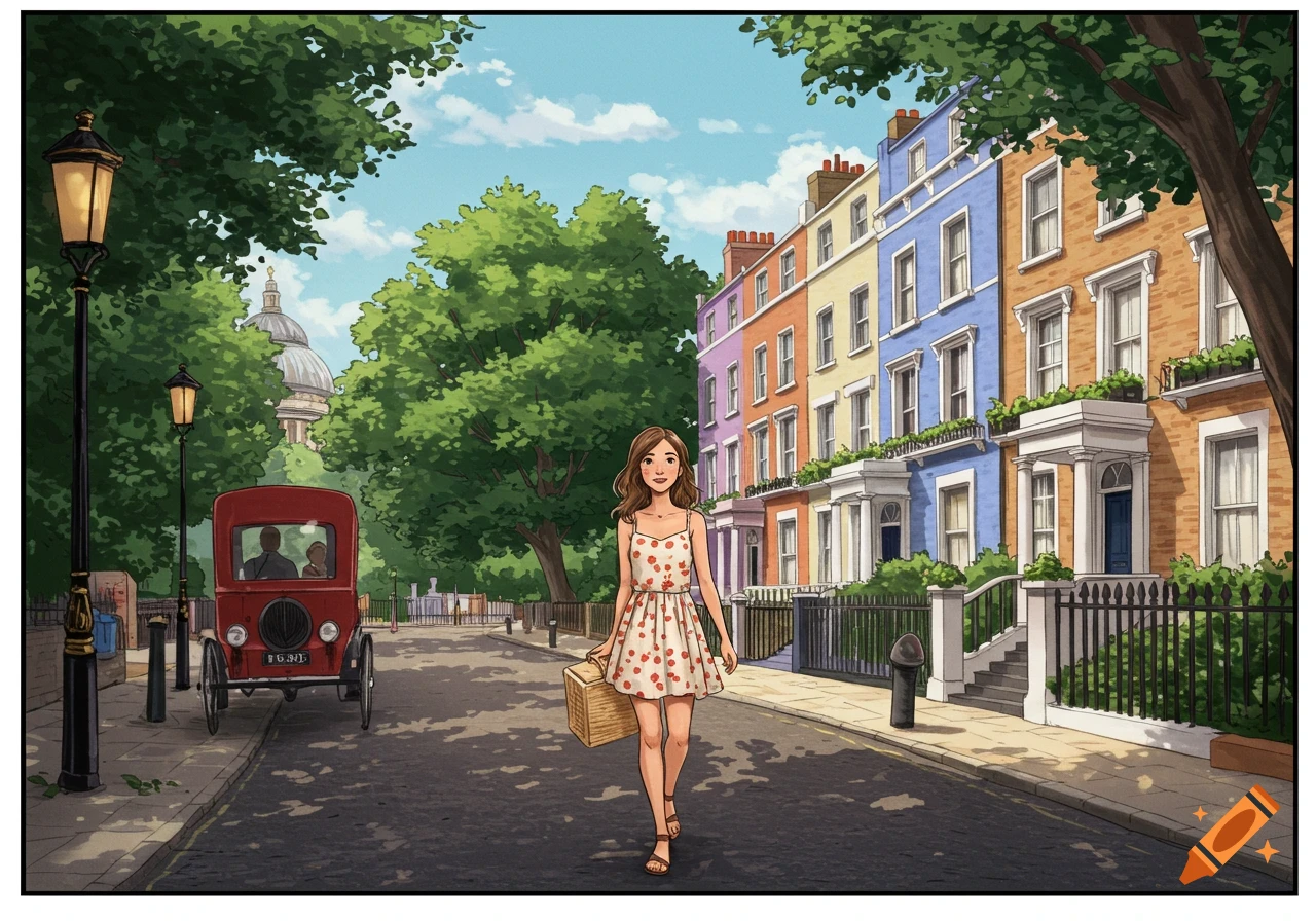 Illustration of a woman walking on a London street with colorful houses and a vintage car.