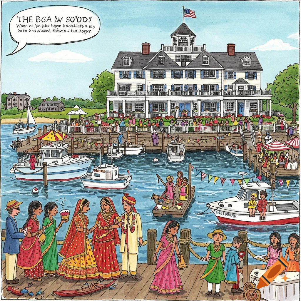 Illustration of an Indian wedding on a harbor dock in front of a hotel.