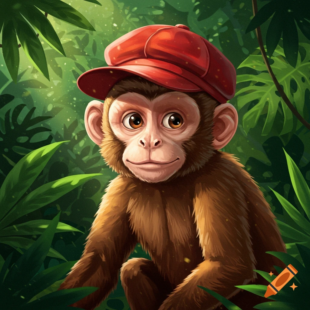 A cute cartoon monkey wearing a red baseball cap sits among green jungle leaves.