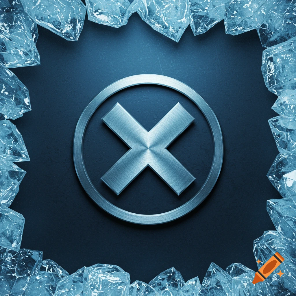 A brushed metallic 'X' symbol within a circle is centered, framed by sharp ice shards.