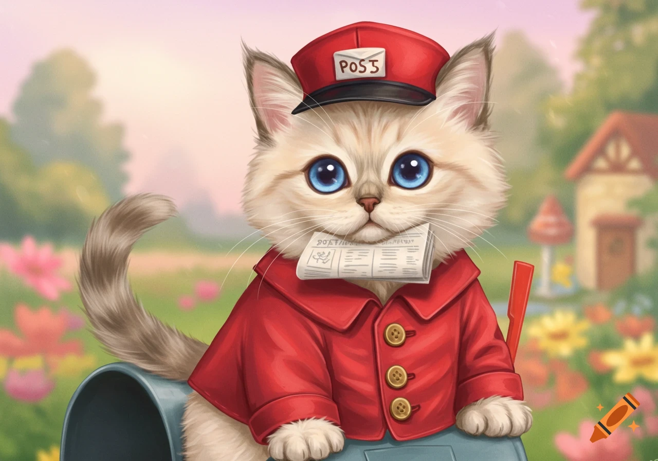 An adorable ragdoll kitten wearing a red postman's hat and jacket, holding a newspaper in its mouth, sits by a mailbox.