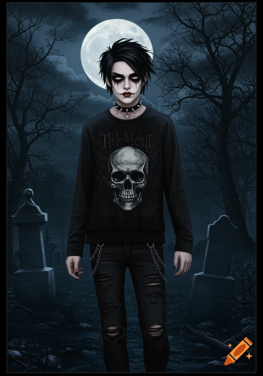 Gothic teenager with white makeup and black clothes stands in a graveyard under a full moon.