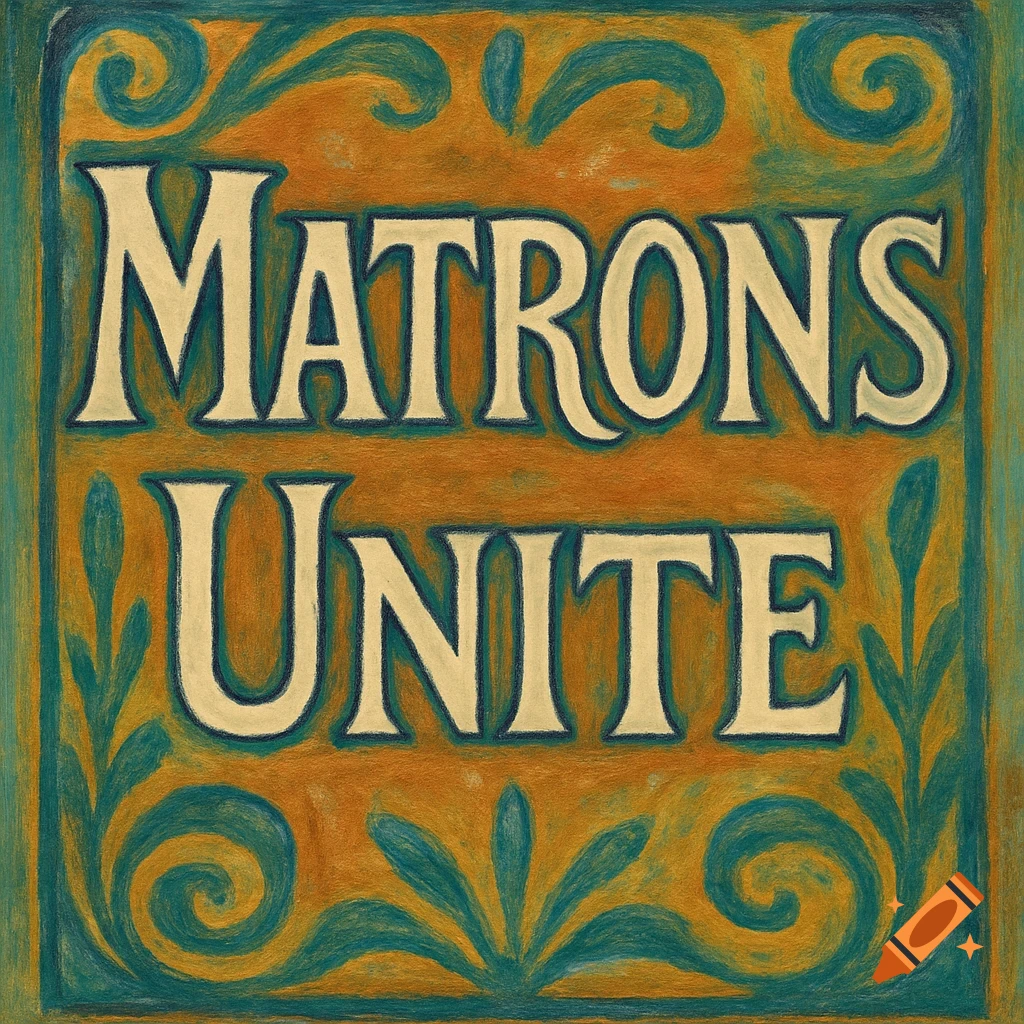 Stylized lettering reads "MATRONS UNITE" within a decorative frame with teal swirling and floral motifs on an orange textured background.