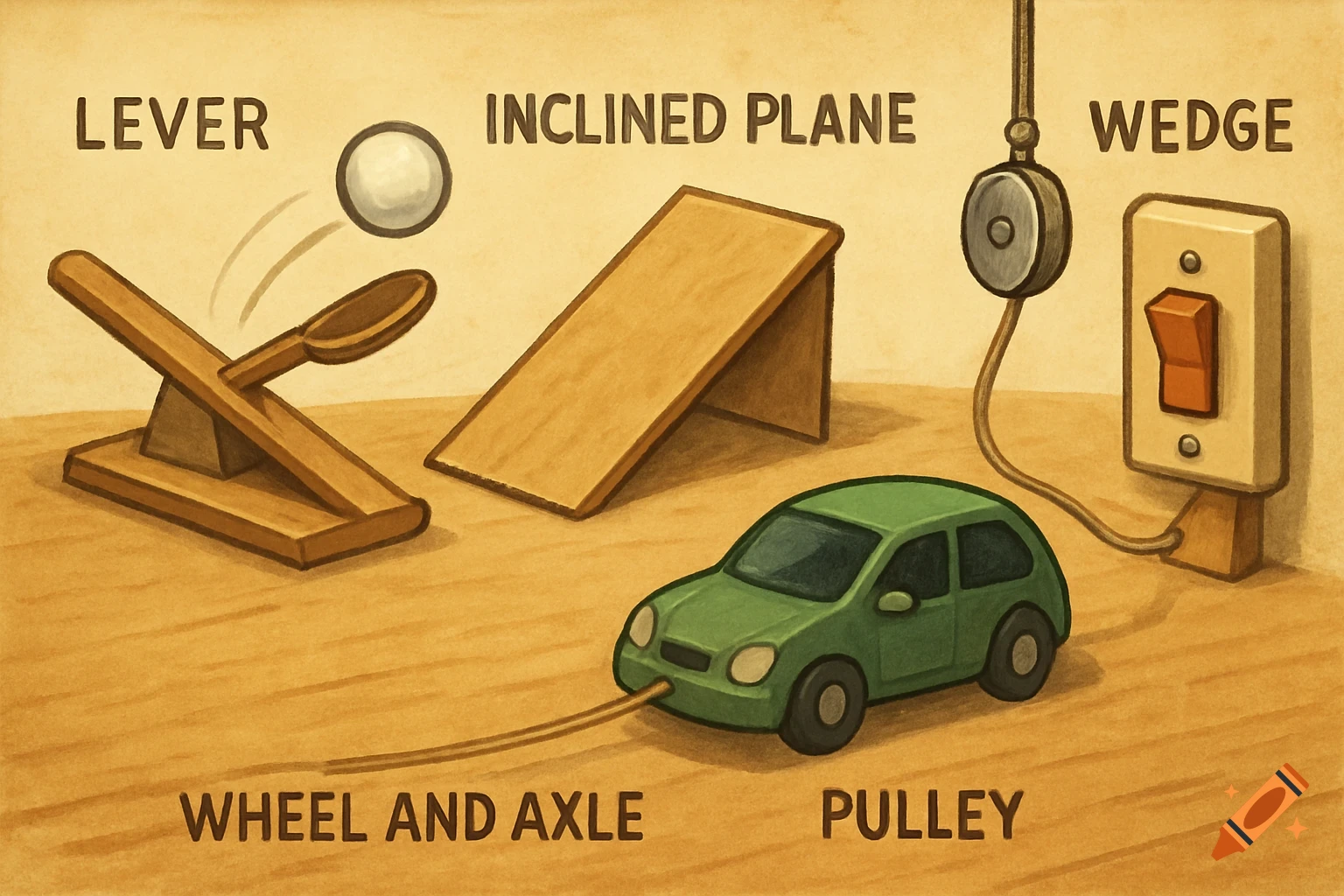 Illustration of simple machines: lever, inclined plane, wedge, wheel and axle, and pulley, each labeled.