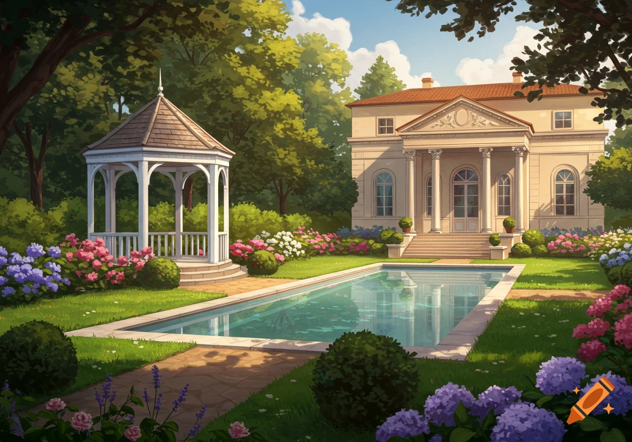 A villa garden with a house, swimming pool, and gazebo surrounded by trees and flowers.