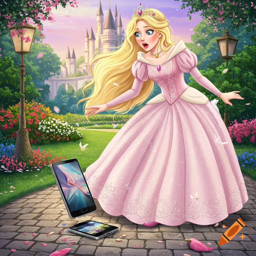 A princess looks surprised as she drops two smartphones on a path in a garden near a castle.