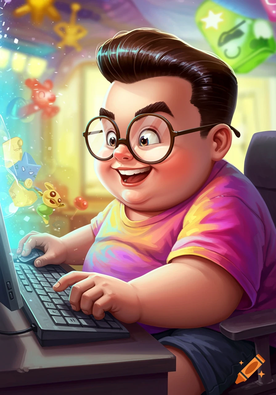 Cartoon illustration of a happy child with glasses and combover playing computer.
