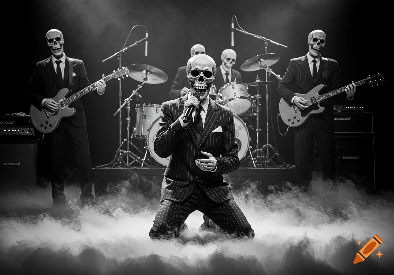 Black and white photo of a skeleton band in suits performing on a smoke-filled stage.