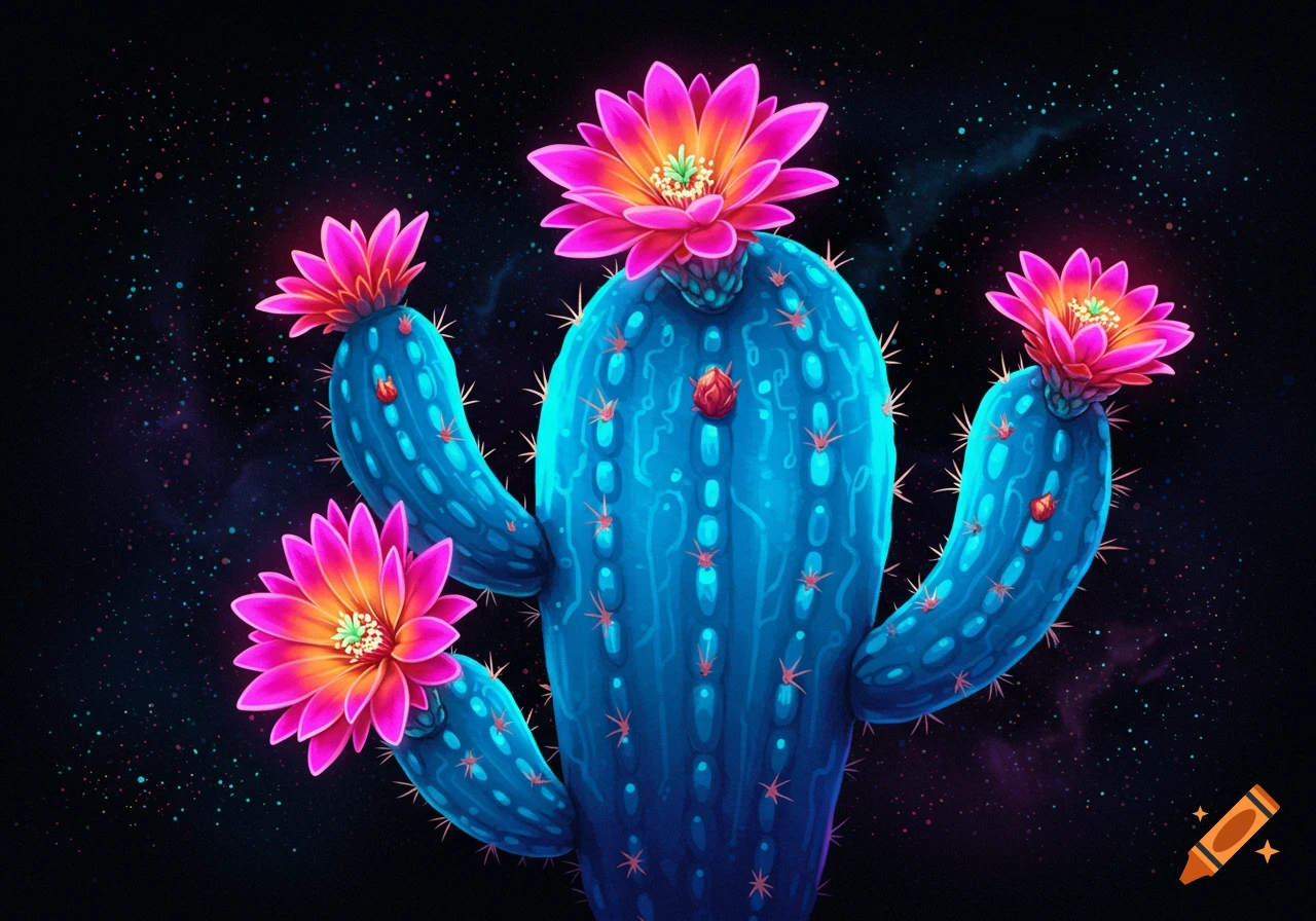 A stylized blue cactus with bright pink flowers against a dark, starry space background.