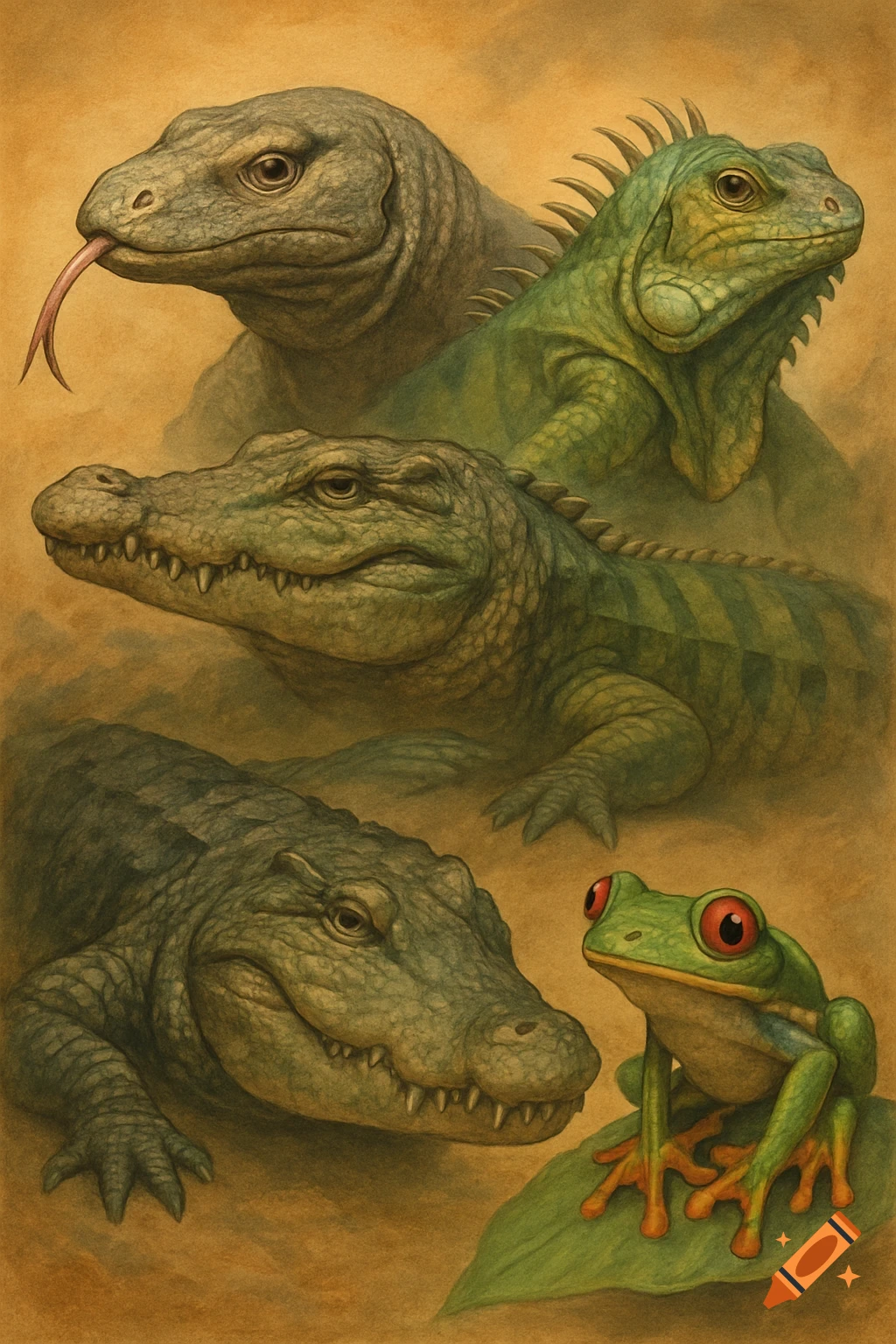 Illustration of a Komodo dragon, iguana, two alligators, and a red-eyed tree frog.