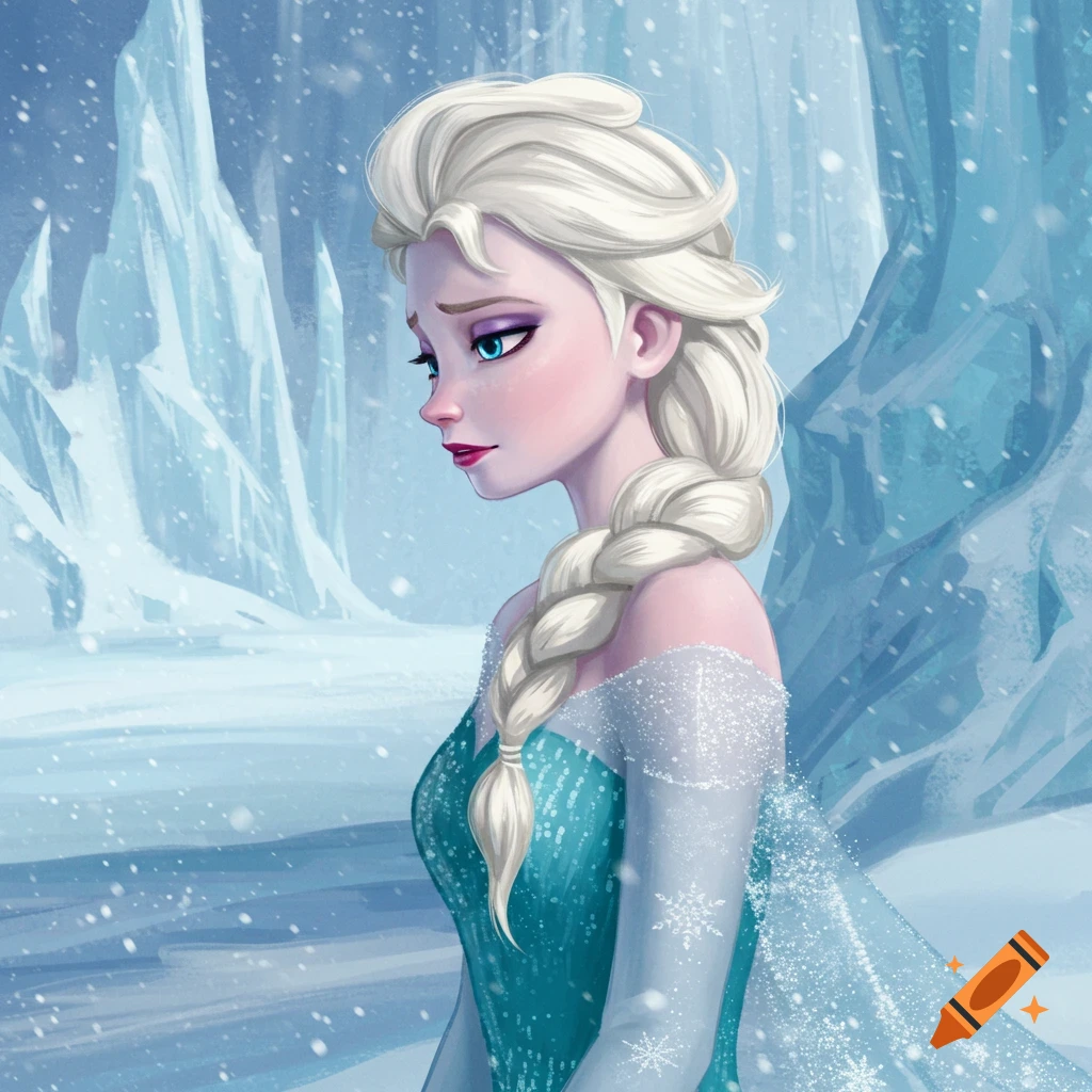 Elsa from Frozen standing in a snowy landscape, digital painting.