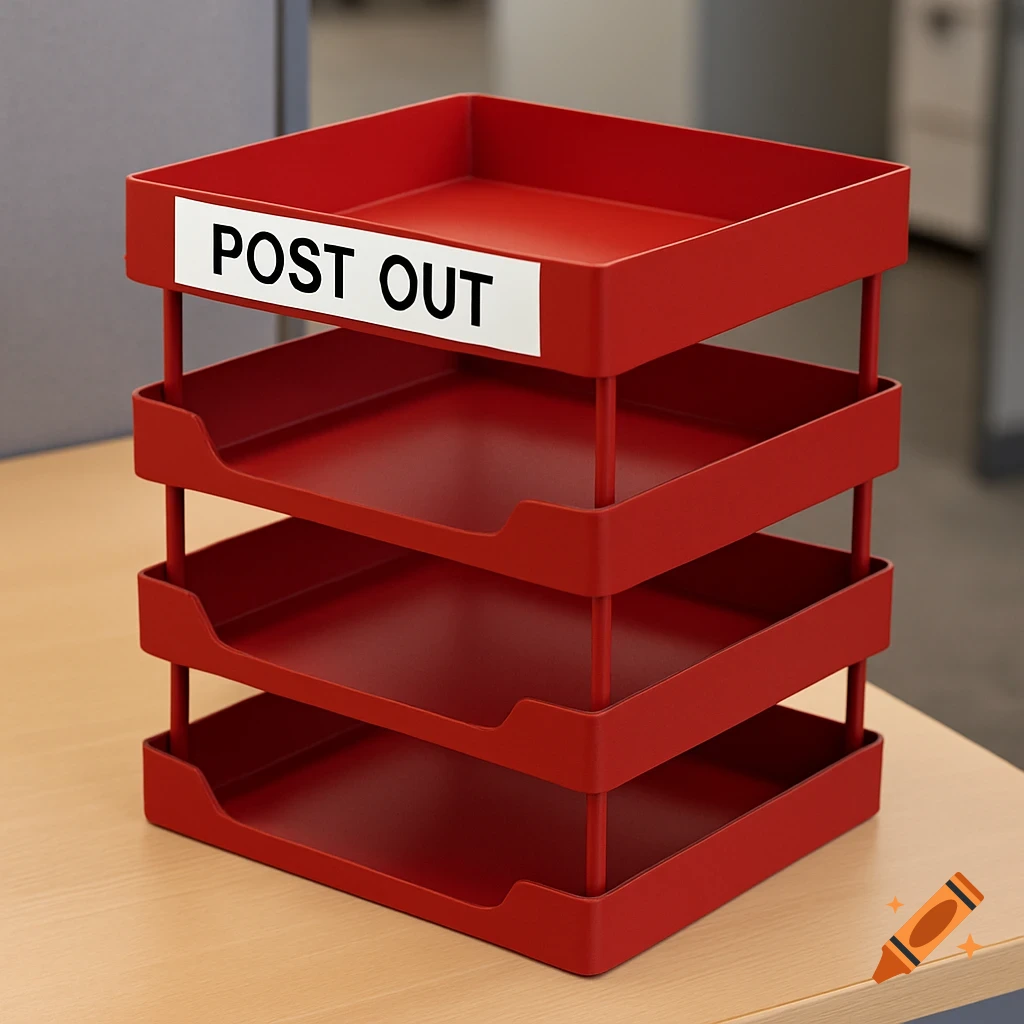 A red four-tier paper tray labeled "POST OUT" sits on a desk in an office.