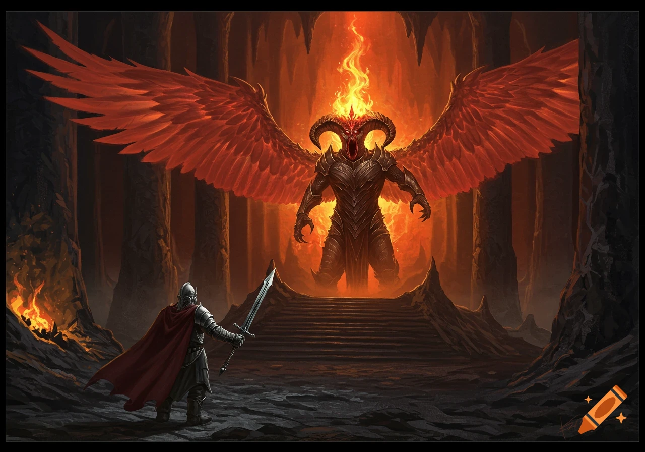A knight faces a large winged fiery demon in a dark cave.