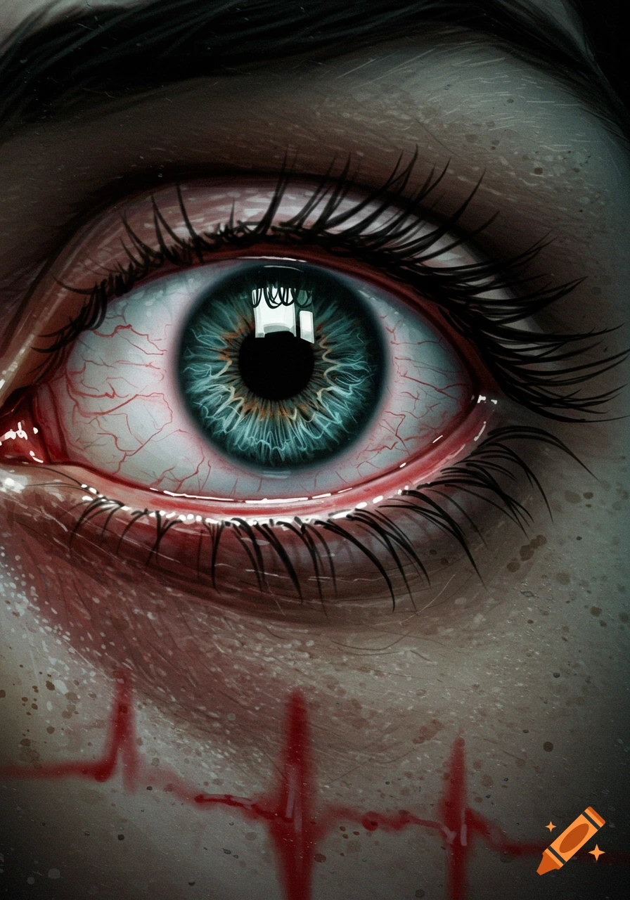 A close-up illustration of a bloodshot human eye with a red heartbeat line on the cheek.